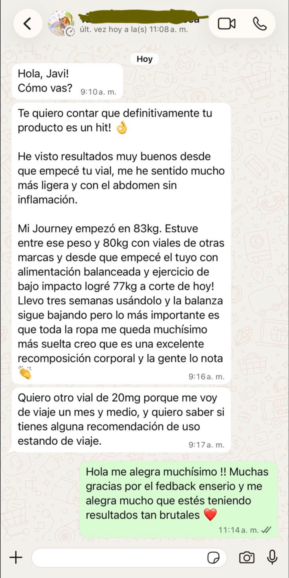 Clienta baja de 83 kg a 77 kg en tres semanas con mejor recomposición corporal